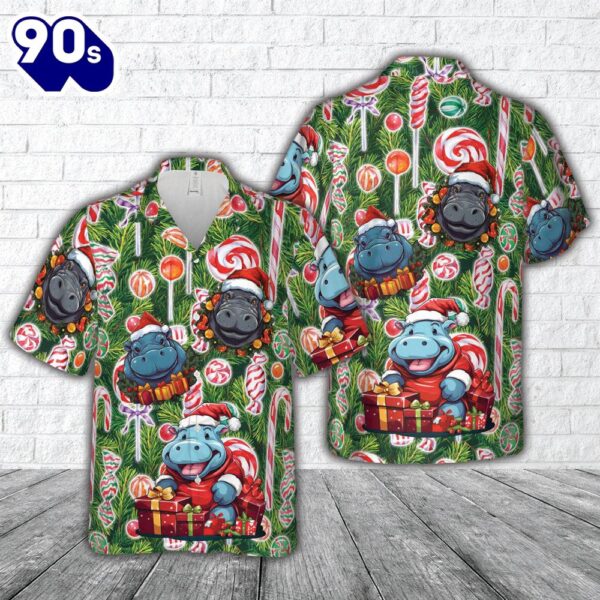 Hippo Wearing Santa Hat Christmas Hawaiian Shirt