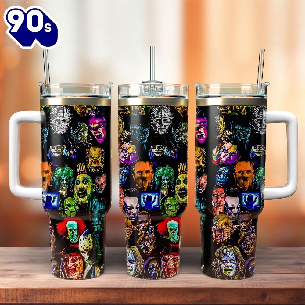 Horror Movie Characters Custom Stanley Quencher 40oz Stainless Steel Tumbler With Handle For Fans Horror Movie Characters Custom Stanley Quencher 40oz Stainless Steel Tumbler With Handle For Fans