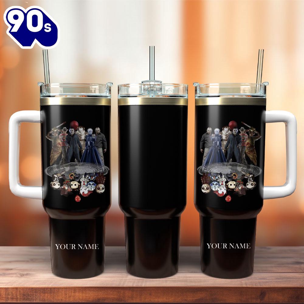 Horror Movie Characters Film Custom Stanley Quencher 40oz Stainless Steel Tumbler With Handle For Fans Horror Movie Characters Film Custom Stanley Quencher 40oz Stainless Steel Tumbler With Handle For Fans