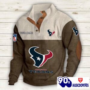 Houston Texans Button Up Shirts Stand Collar Long Sleeve Shirt Elbow Patches