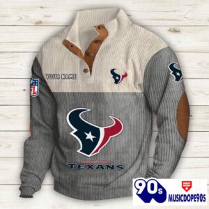 Houston Texans Button Up Shirts Stand Collar Long Sleeve Shirt Elbow Patches