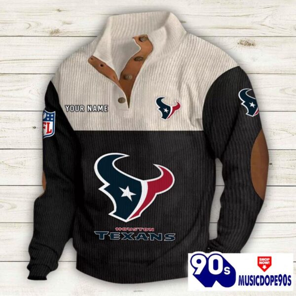 Houston Texans Button Up Shirts Stand Collar Long Sleeve Shirt Elbow Patches