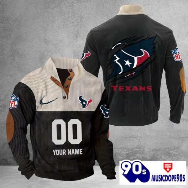 Houston Texans Vintage Button Up Shirts Stand Collar Long Sleeve Shirt Elbow Patches