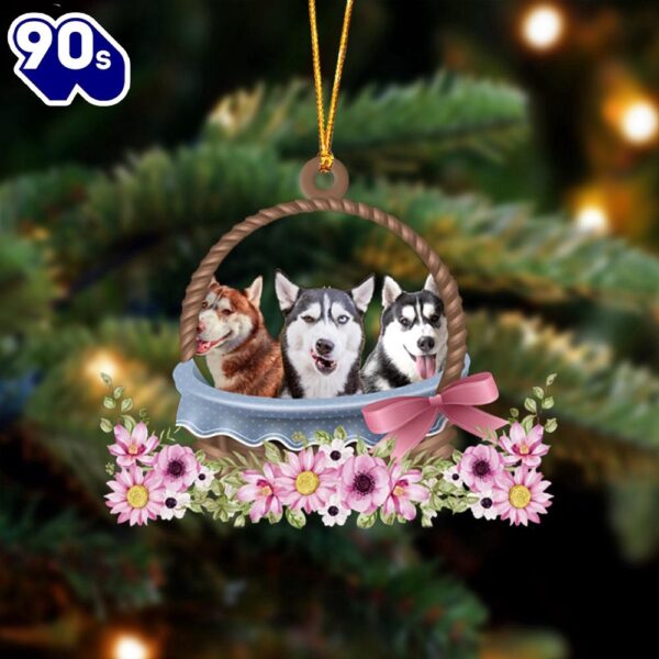 Husky Dogs In The Basket Ornament, Gift For Christmas