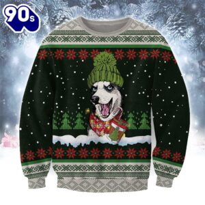Husky With Snow And Christmas Ugly Sweater