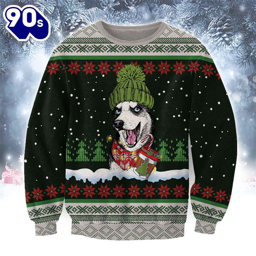 Husky With Snow And Christmas Ugly Sweater Husky With Snow And Christmas Ugly Sweater