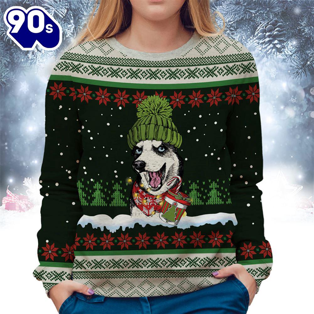 Husky With Snow And Christmas Ugly Sweater Husky With Snow And Christmas Ugly Sweater
