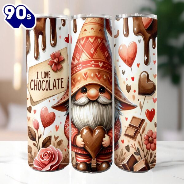 I Love Chocolate Gnome Tumbler 20 Oz Skinny Tumbler, Gnome Tumbler, Valentine Tumbler