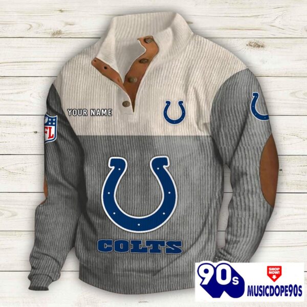 Indianapolis Colts Button Up Shirts Stand Collar Long Sleeve Shirt Elbow Patches