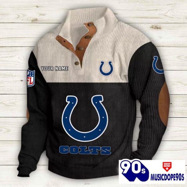 Indianapolis Colts Button Up Shirts Stand Collar Long Sleeve Shirt Elbow Patches