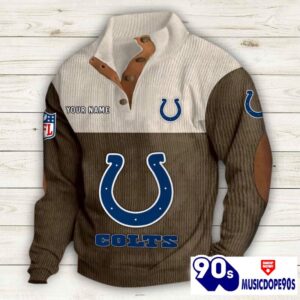 Indianapolis Colts Button Up Shirts Stand Collar Long Sleeve Shirt Elbow Patches