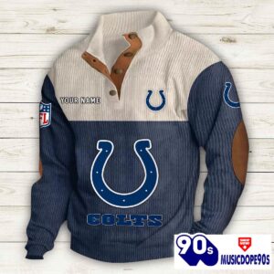 Indianapolis Colts Button Up Shirts Stand Collar Long Sleeve Shirt Elbow Patches