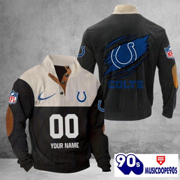 Indianapolis Colts Vintage Button Up Shirts Stand Collar Long Sleeve Shirt Elbow Patches