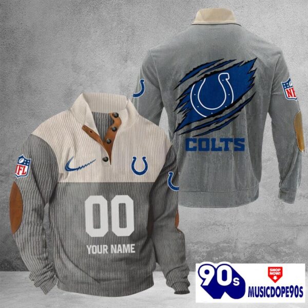 Indianapolis Colts Vintage Button Up Shirts Stand Collar Long Sleeve Shirt Elbow Patches