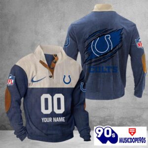 Indianapolis Colts Vintage Button Up Shirts Stand Collar Long Sleeve Shirt Elbow Patches