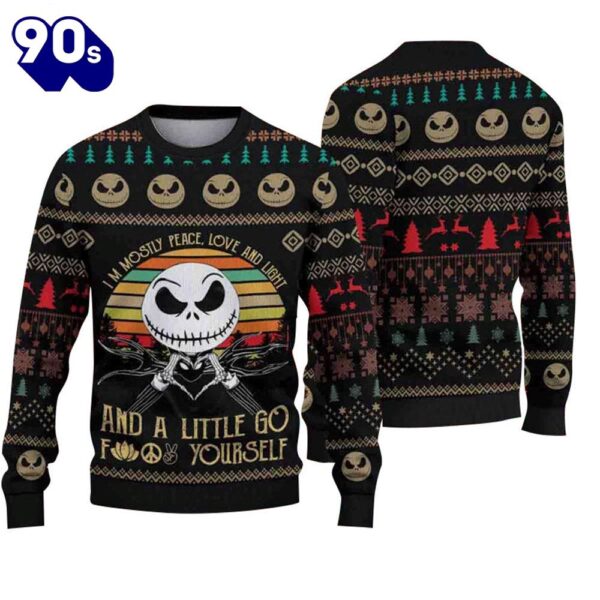 Merry Christmas Jack Skellington Mostly Peace Love Light Christmas Ugly Sweater