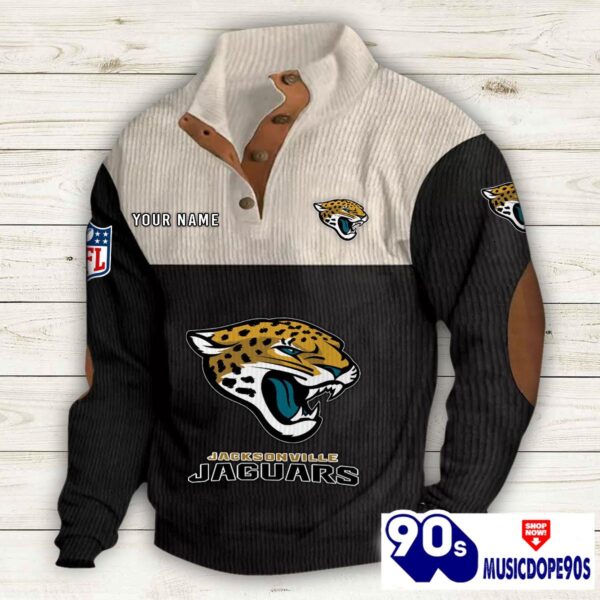 Jacksonville Jaguars Button Up Shirts Stand Collar Long Sleeve Shirt Elbow Patches