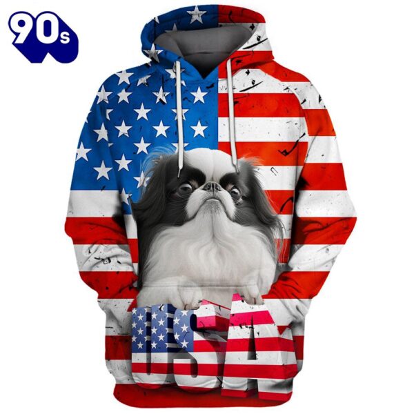 Japanese Chin Dog 3D Face Graphic Premium America Flag Hoodie   Gift Christmas