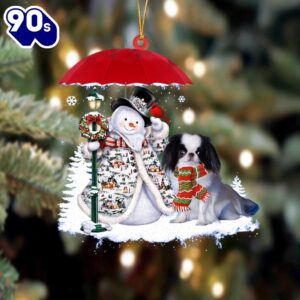 Japanese Chin With Snowman Christmas Ornament, Gift For Christmas