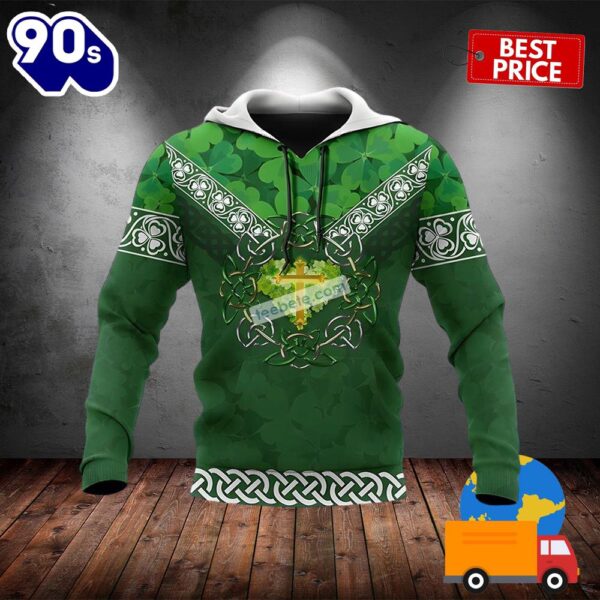Jessus Cross And St Patrick Day Shamrock Green 3D Illusion Hoodie 2025