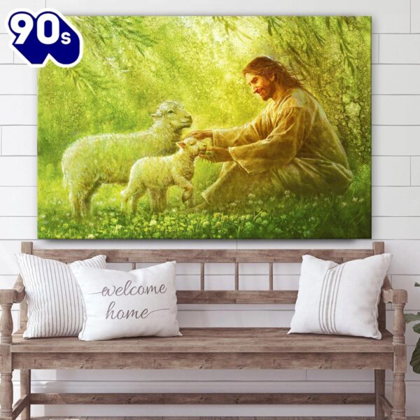 Jesus And The Lamb Picture Green Pastures Canvas Wall Art  Poster Gift Christmas