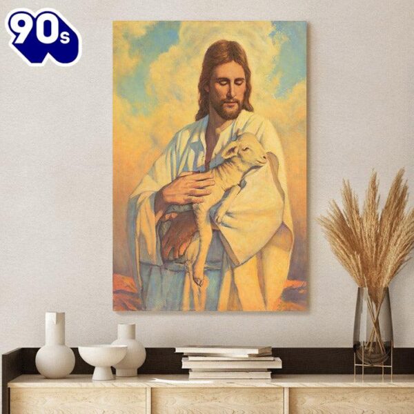 Jesus And The Lamb Picture In His Arms Portrait Canvas Wall Art