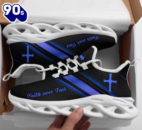 Christian Running,   Jesus Black Blue Faith Over Fear Running Sneakers Max Soul Shoes For Men And Women