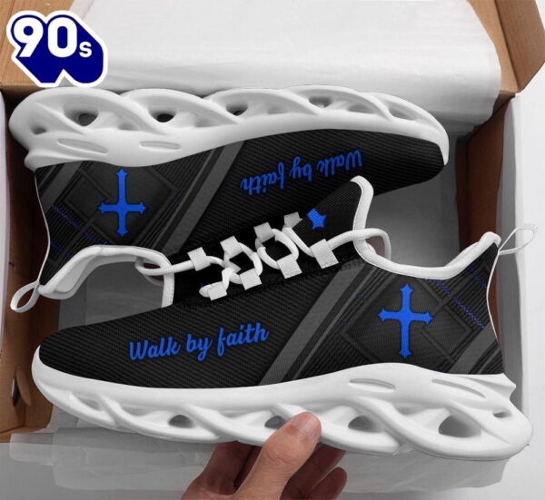 Christian Running,   Jesus Black Blue Walk By Faith Christ Sneakers Max Soul Shoes For Men And Women