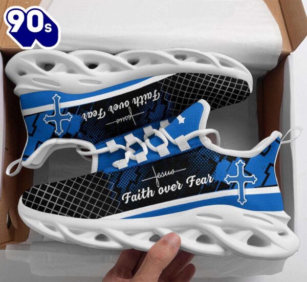 Christian Running,   Jesus Blue Faith Over Fear Running Sneakers Max Soul Shoes For Men And Women