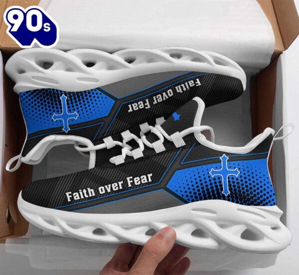 Christian Running,   Jesus Faith Over Fear Blue Black Running Sneakers Max Soul Shoes For Men And Women