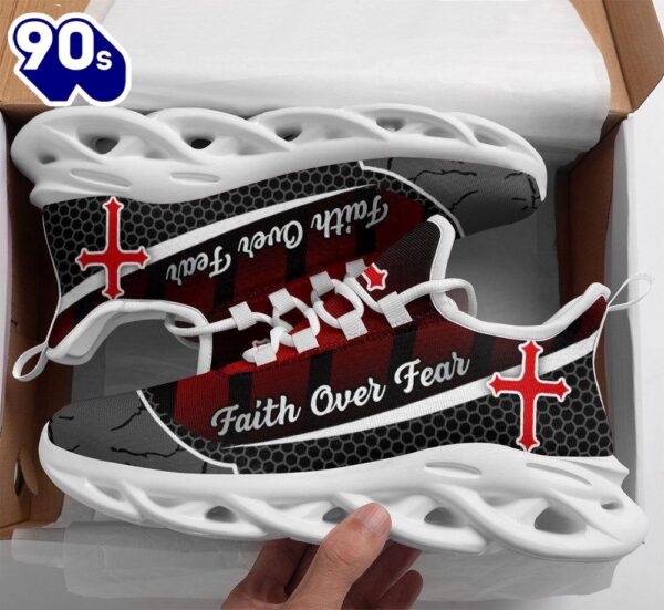 Christian Running,   Jesus Faith Over Fear Red Black Running Sneakers Max Soul Shoes For Men And Women