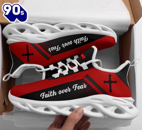 Christian Running,   Jesus Faith Over Fear Red Running Sneakers Max Soul Shoes For Men And Women