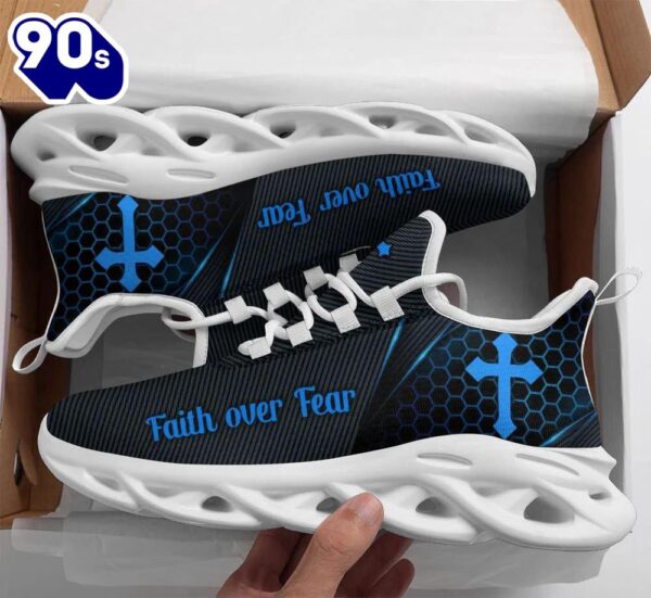 Christian Running,   Jesus Faith Over Fear Running Sneakers Black And Blue Max Soul Shoes For Men And Women