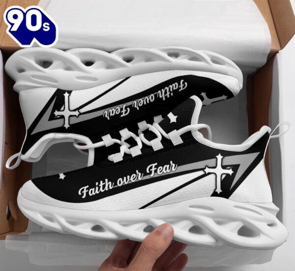 Christian Running,   Jesus Faith Over Fear Running Sneakers Black And White Max Soul Shoes For Men And Women