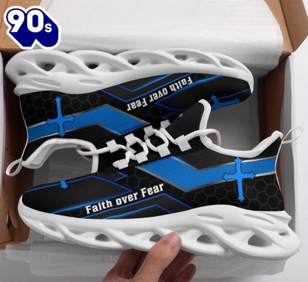 Christian Running,   Jesus Faith Over Fear Running Sneakers Black Blue Max Soul Shoes For Men And Women