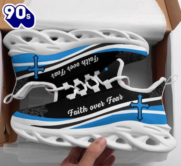 Christian Running,   Jesus Faith Over Fear Running Sneakers Blue And White Max Soul Shoes For Men And Women