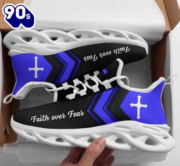 Christian Running,   Jesus Faith Over Fear Running Sneakers Blue Black Max Soul Shoes For Men And Women