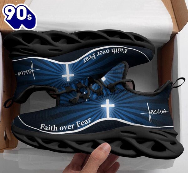 Christian Running,   Jesus Faith Over Fear Running Sneakers Blue Max Soul Shoes For Men And Women