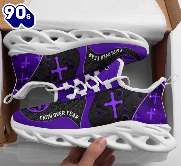 Christian Running,   Jesus Faith Over Fear Running Sneakers Purple Max Soul Shoes For Men And Women