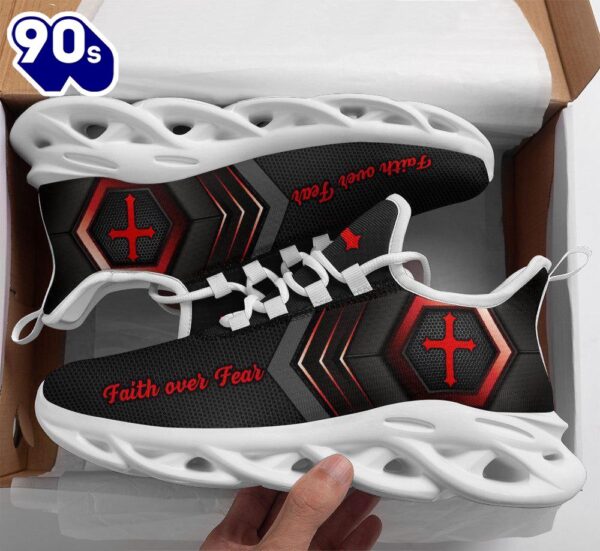 Christian Running,   Jesus Faith Over Fear Running Sneakers Red Black Max Soul Shoes For Men And Women