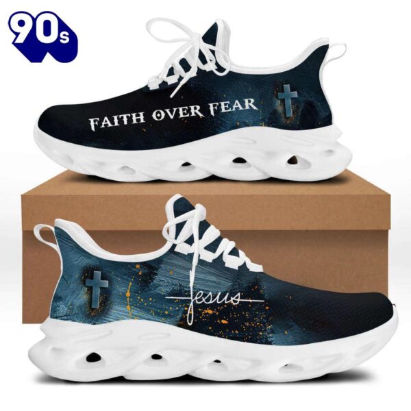 Christian Running,   Jesus Faith Over Fear Running Sneakers White Black Max Soul Shoes For Men And Women