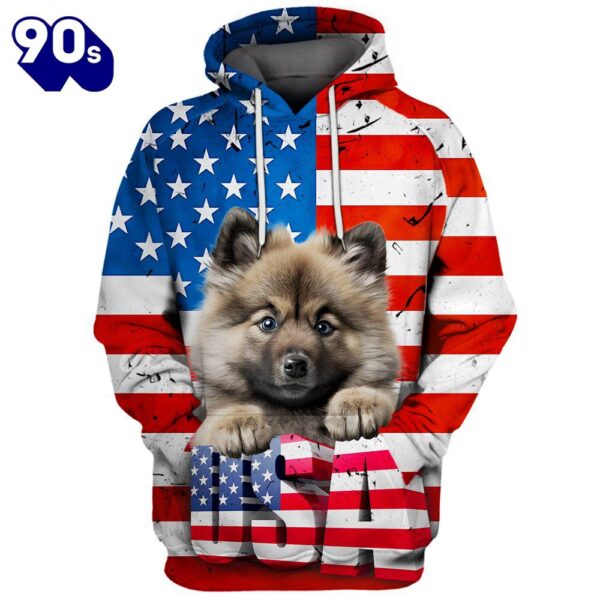 Keeshond Dog 3D Face Graphic Premium America Flag Hoodie   Gift Christmas