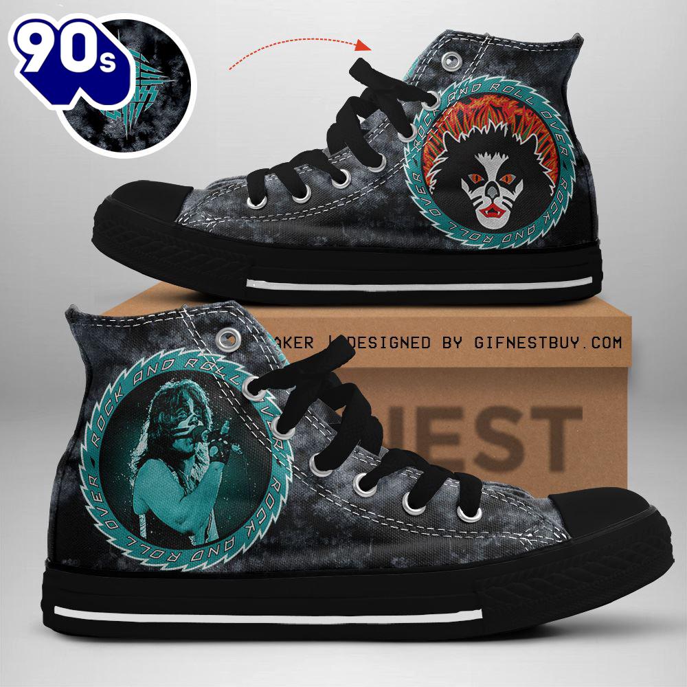 Kiss Band Rock And Roll Over Blue Shoes, Kiss Band High Top Shoes For Fans Kiss Band Rock And Roll Over Blue Shoes, Kiss Band High Top Shoes For Fans