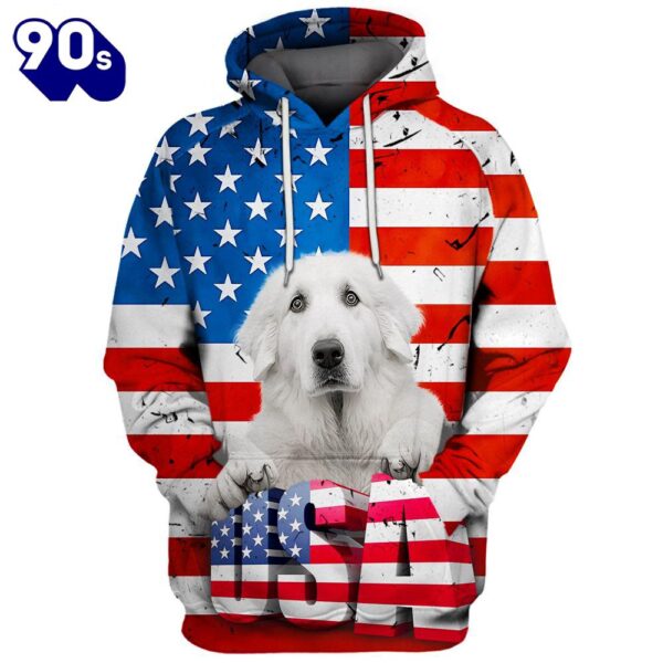 Kuvasz Dog 3D Face Graphic Premium America Flag Hoodie   Gift Christmas