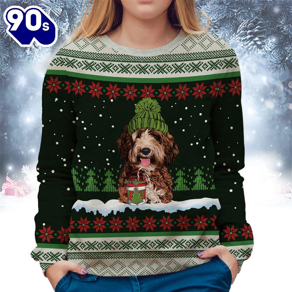 Labradoodle With Snow And Christmas Ugly Sweater Labradoodle With Snow And Christmas Ugly Sweater