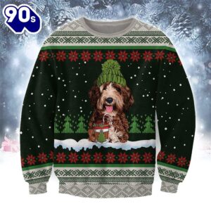Labradoodle With Snow And Christmas Ugly Sweater