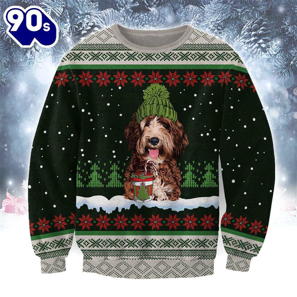 Labradoodle With Snow And Christmas Ugly Sweater Labradoodle With Snow And Christmas Ugly Sweater