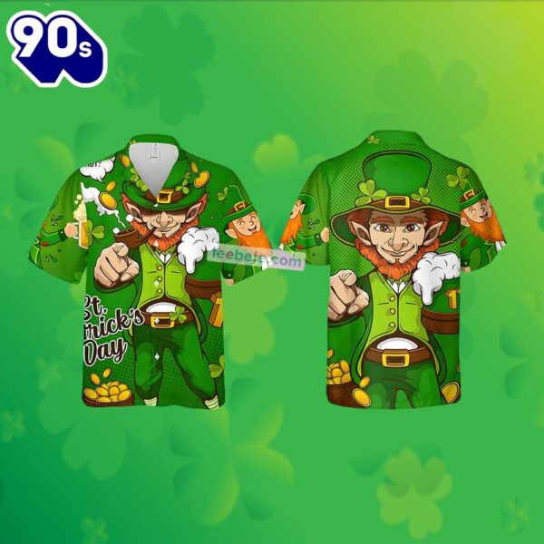 Leprechaun Gold Coin Shamrock St Patrick Green Real Hawaiian Shirts 2025