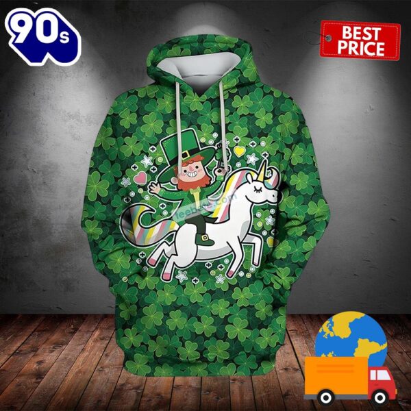 Leprechaun Riding Unicorn St Patrick Day Green 3D Pattern Hoodie 2025