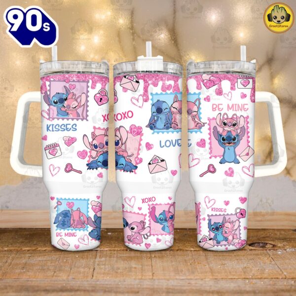 Lilo and Stitch Valentine XOXO Disney Cartoon Custom Stanley Quencher 40oz Stainless Steel Tumbler With Handle